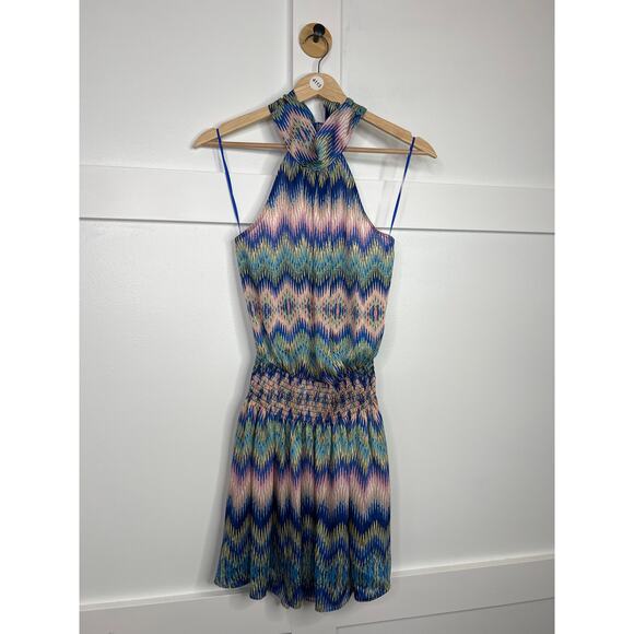 NWT Ramy Brook Georgiana Sleeveless Halter Mini Dress Blue Multicolor Size: XS - Picture 2 of 8